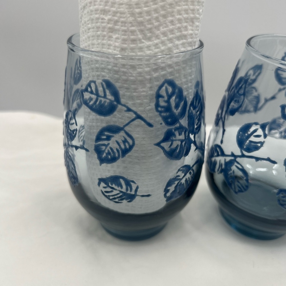 Libbey Juice Eventide Glasses Painted Blue leaves Set of 4 Vintage - Picture 8 of 9